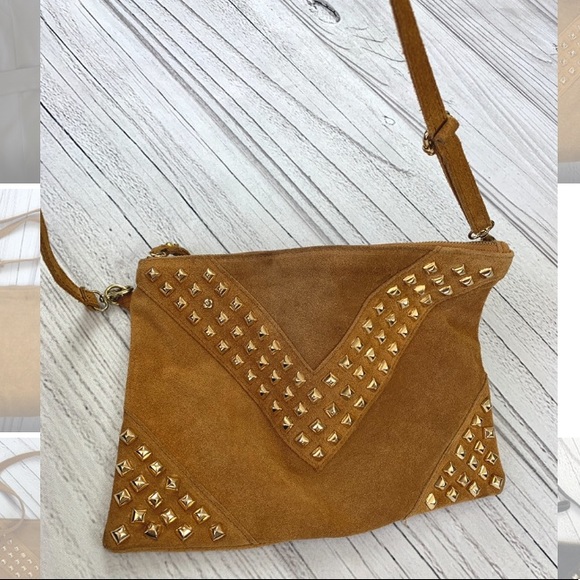 IBIZA Rockstar Suede Crossbody Bag Tan Gold Studs - Picture 5 of 7